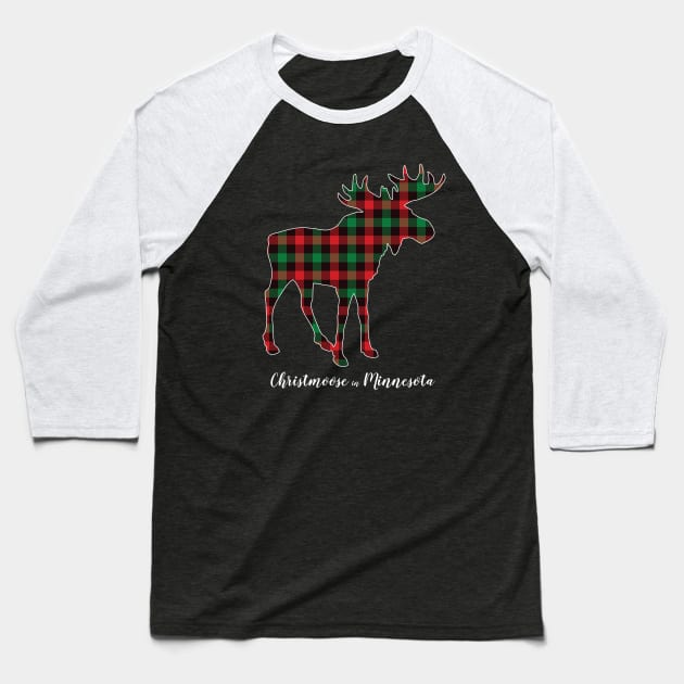 "Christmoose In Minnesota" Moose Buffalo Red & Green Plaid MN Christmas Baseball T-Shirt by Pine Hill Goods
